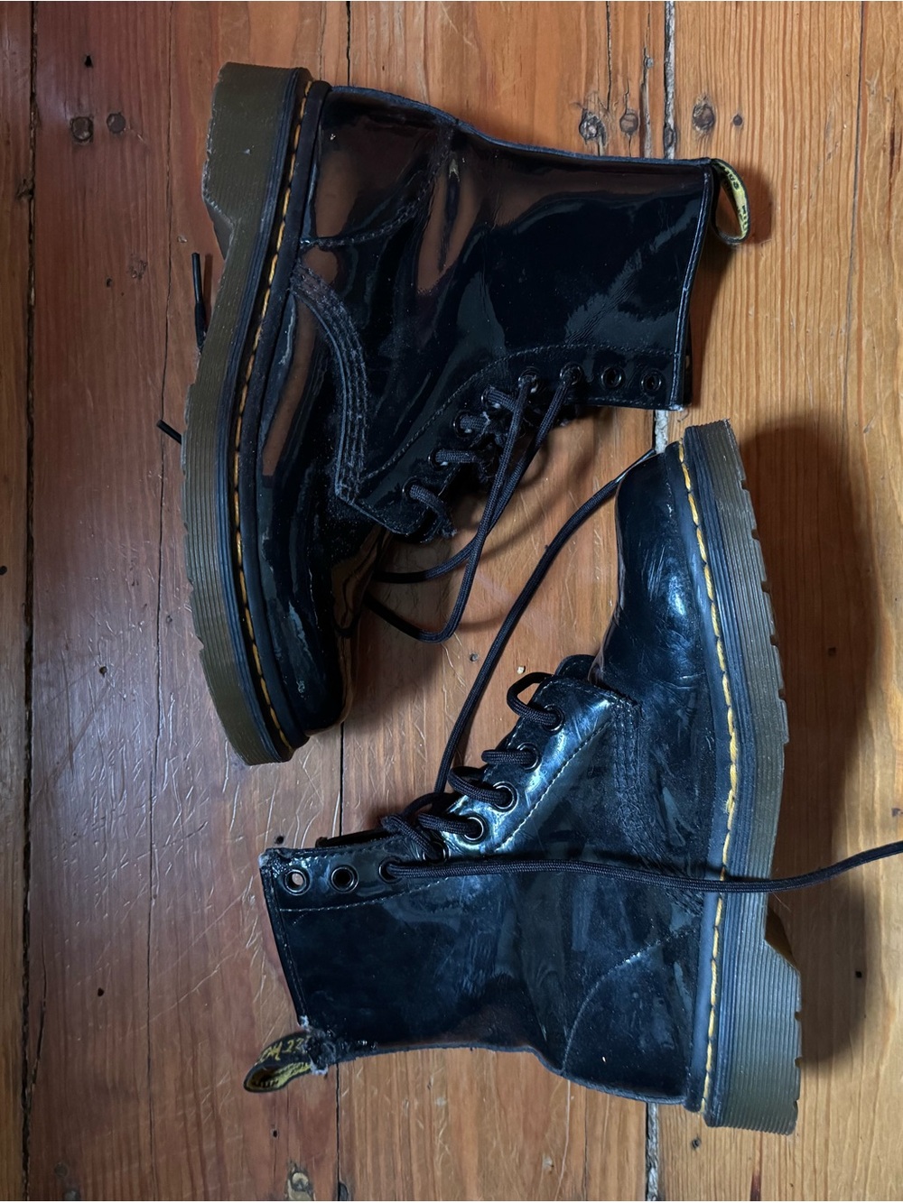 Dr. Martens Black Patent Lace-Up Combat Boots with Yellow Stitching